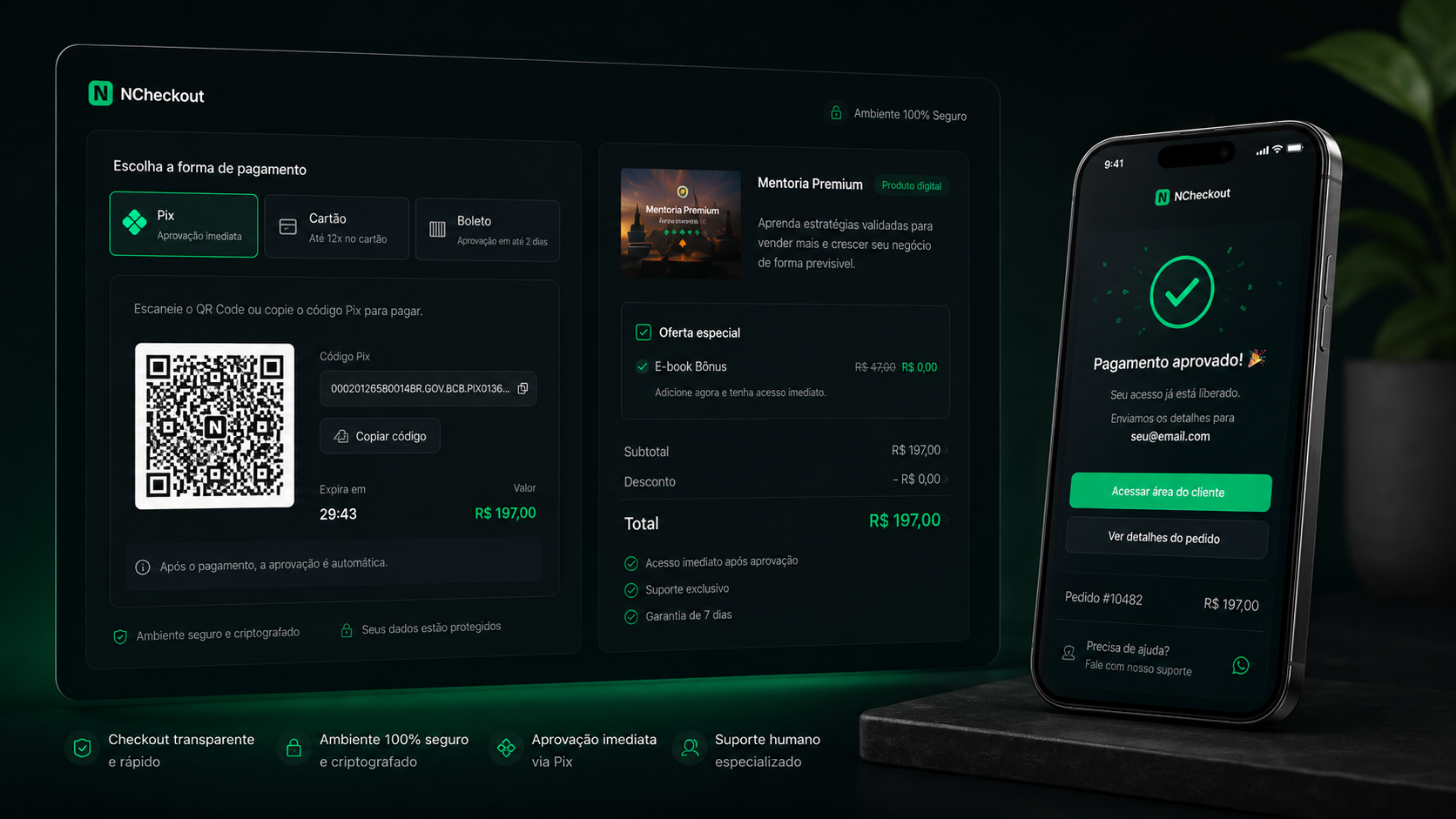 Checkout NCheckout no desktop com pagamento aprovado no celular